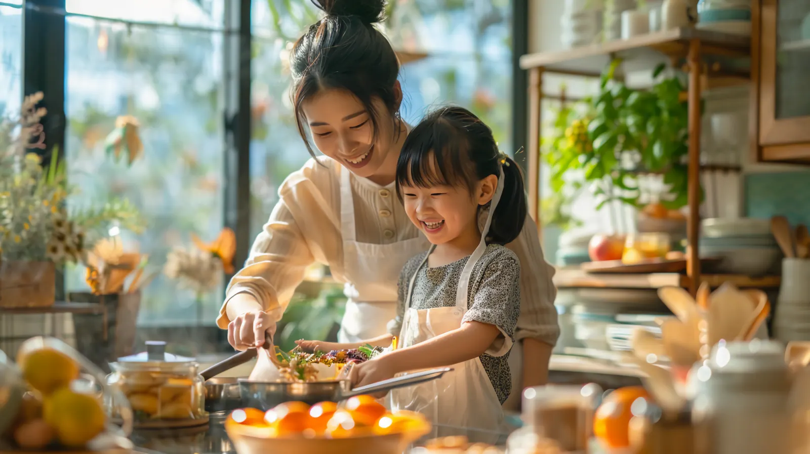 A mother and daughter cooking in a sunlit kitchen